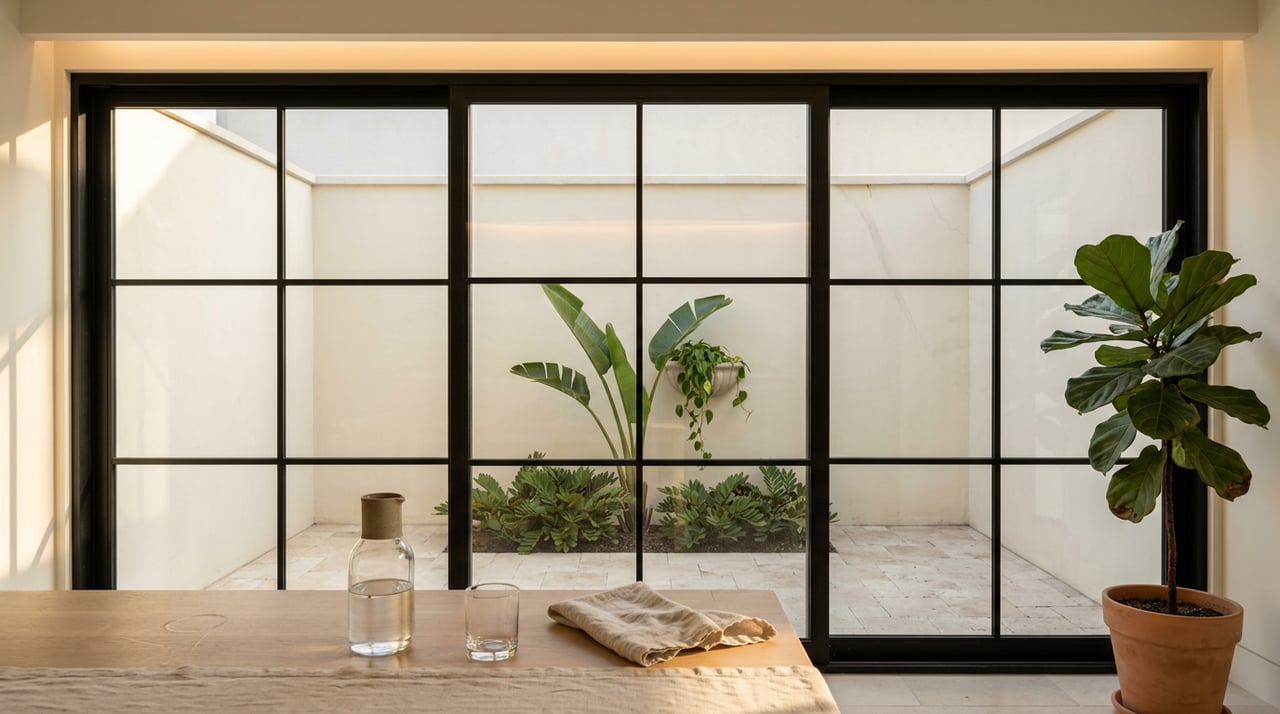 White oak breakfast table and black-framed sliders open onto a stucco courtyard with tropical plants.