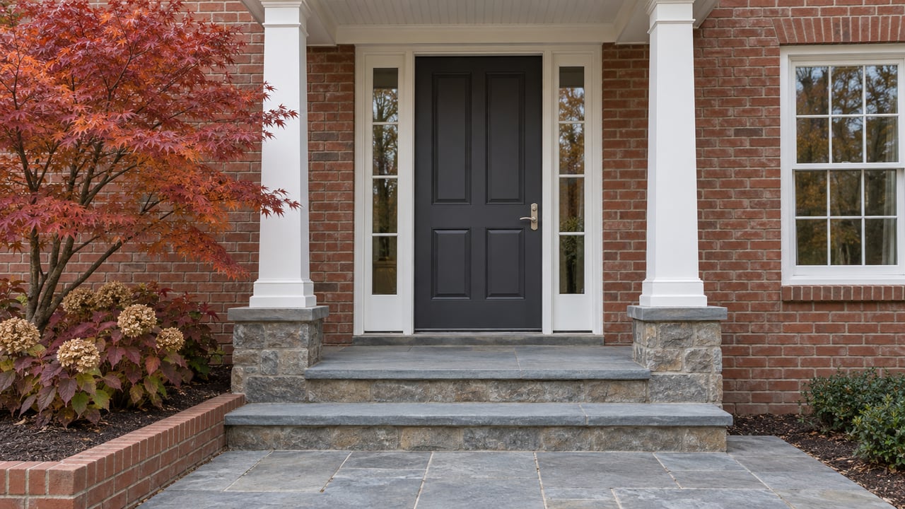 Brick home entrance with a charcoal door, white portico, bluestone steps, and red autumn foliage.