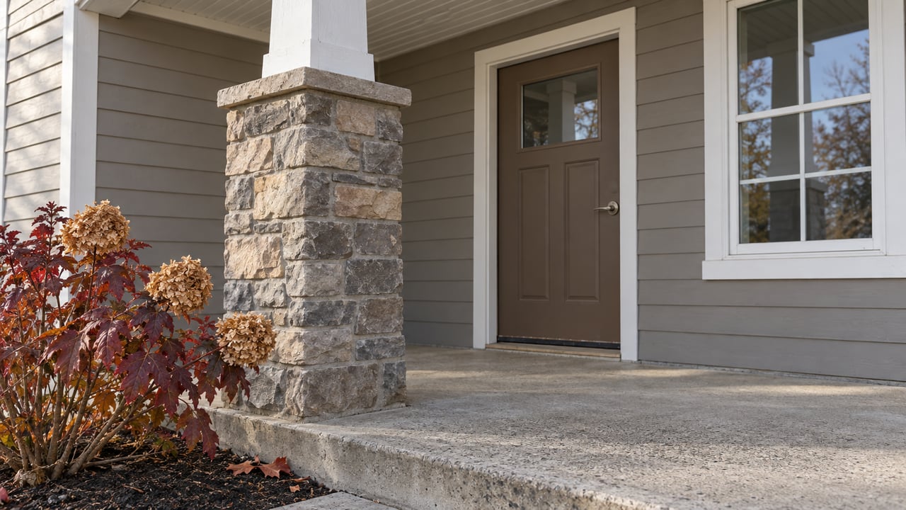 A covered home entry with taupe siding, a stone-faced porch column, a brown door and dry oakleaf hydrangea flowers.