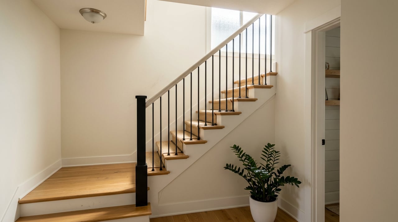 White oak staircase with black iron balusters and a jute runner rises toward a rippled-glass transom window.