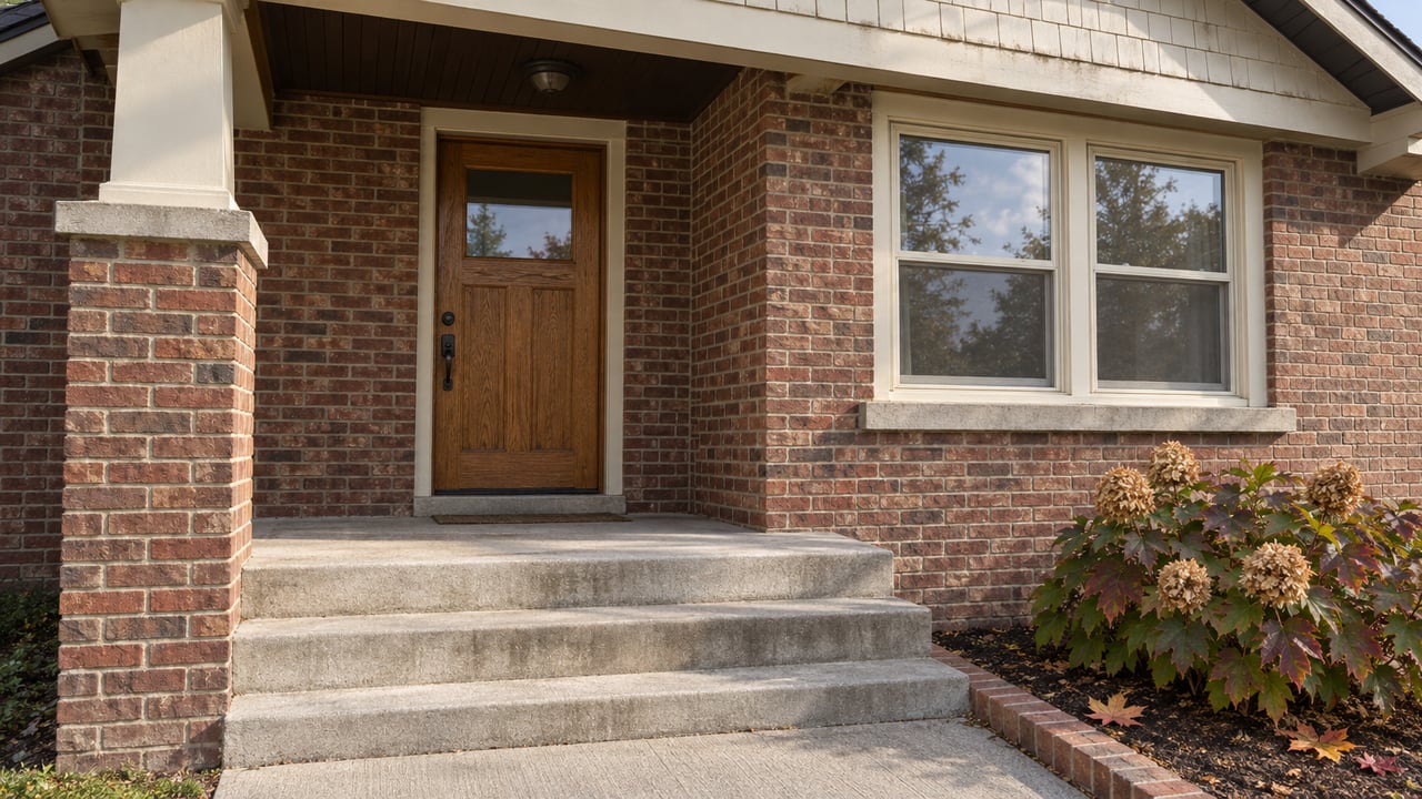 Close view of a red-brick bungalow porch with an oak door, cream-framed windows and autumn oakleaf hydrangea beside concrete steps.