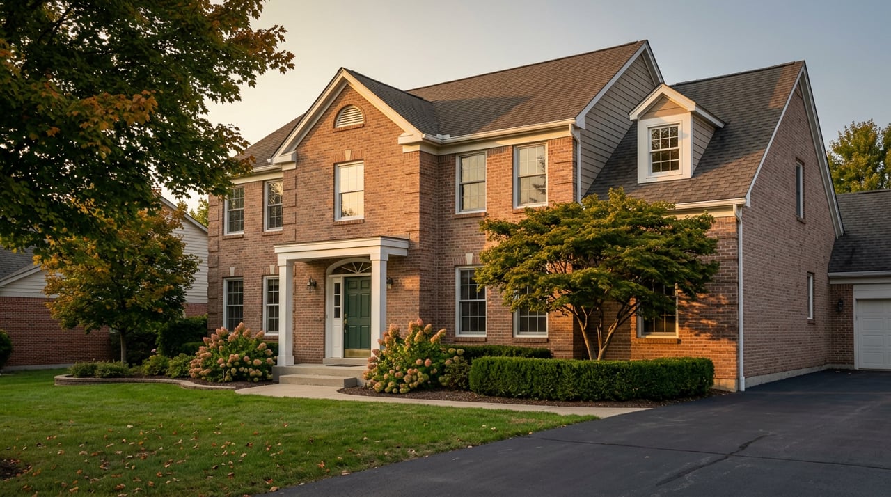 Brick colonial home with a forest-green entry door, white portico, manicured shrubs, and early-autumn leaves.