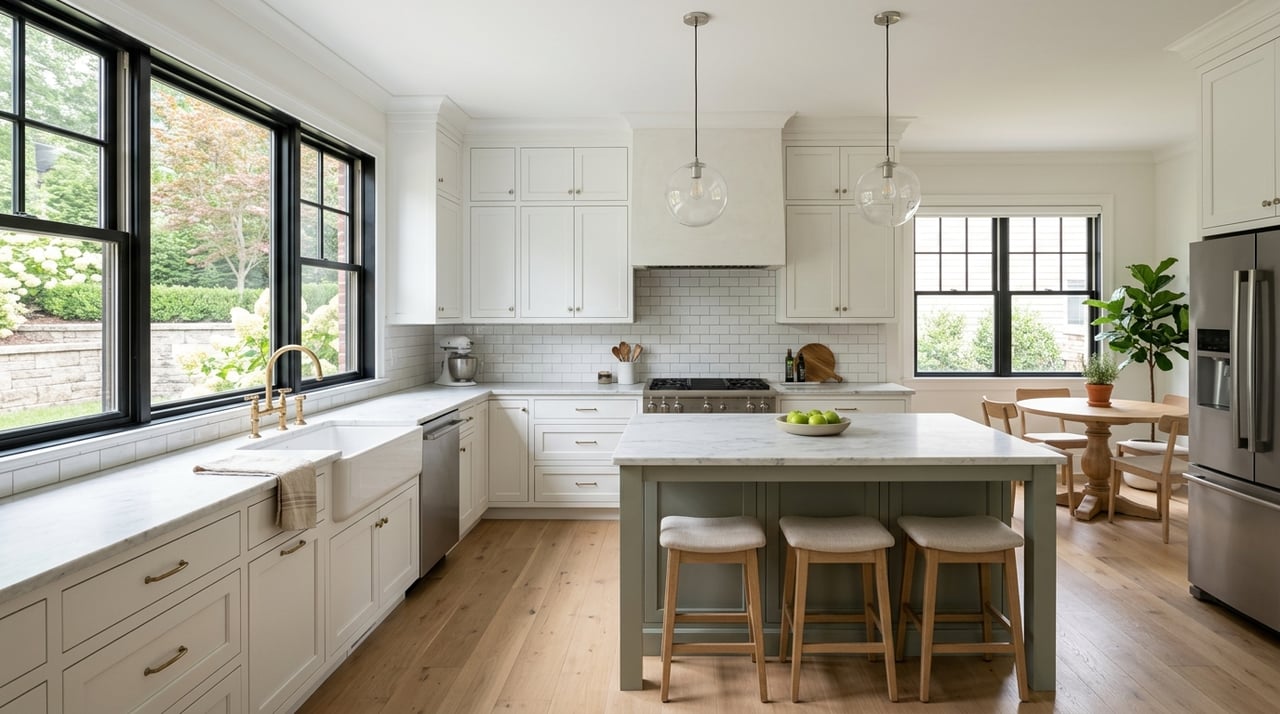 Transitional kitchen with backyard greenery visible through the windows.