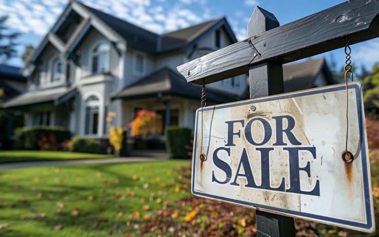Gray house with a weathered “FOR SALE” sign beside its autumn lawn.