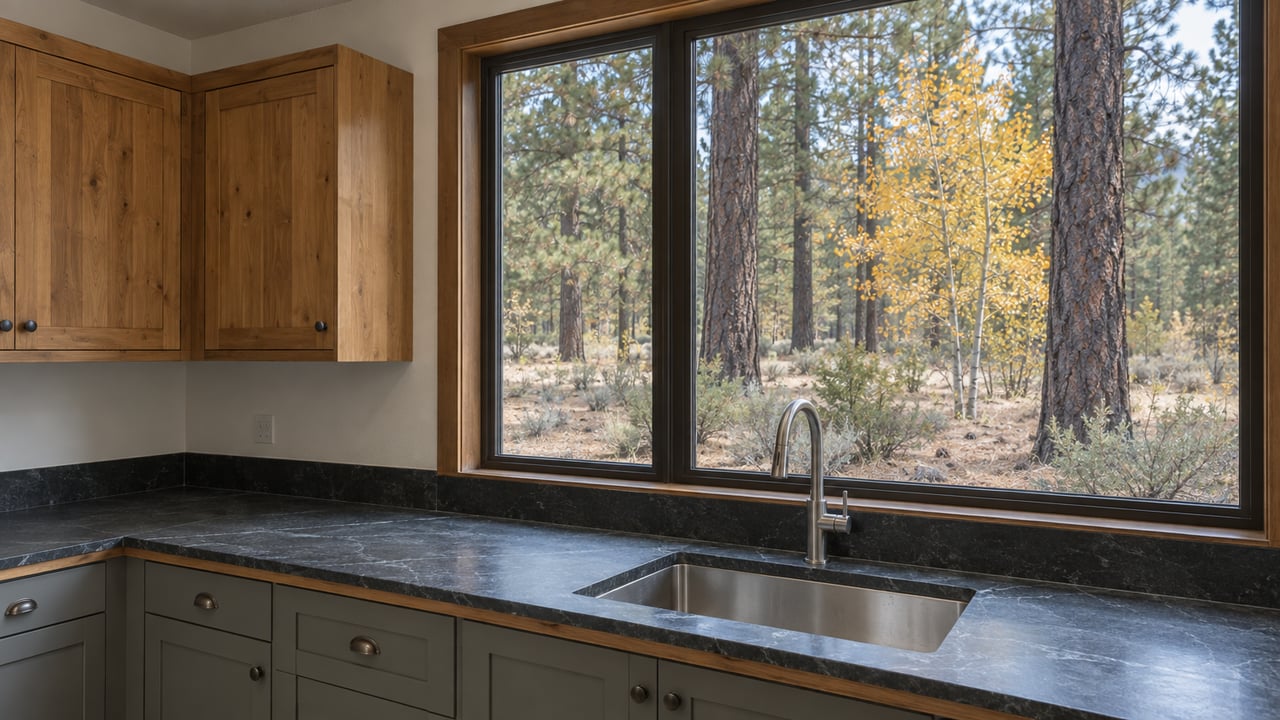Kitchen with a stainless sink beneath a broad window overlooking pine trunks and an amber-leaved tree.