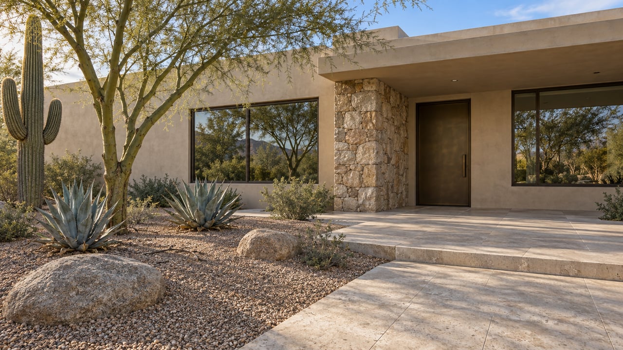 Sand-colored single-story home with bronze-framed windows, a limestone entry approach, a branching green-barked tree, a saguaro and three agaves in gravel.