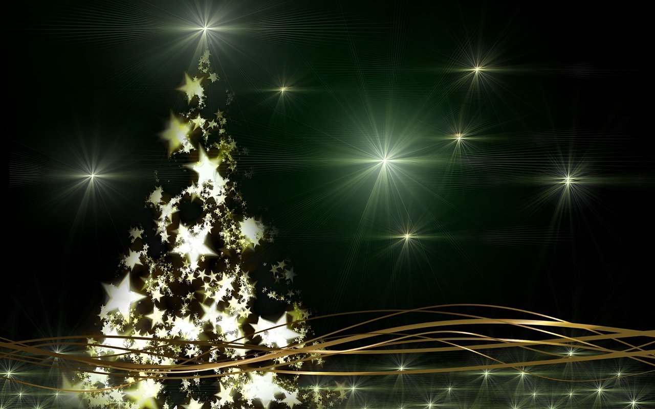 Glowing Christmas tree made of white and gold stars with sweeping gold ribbons.