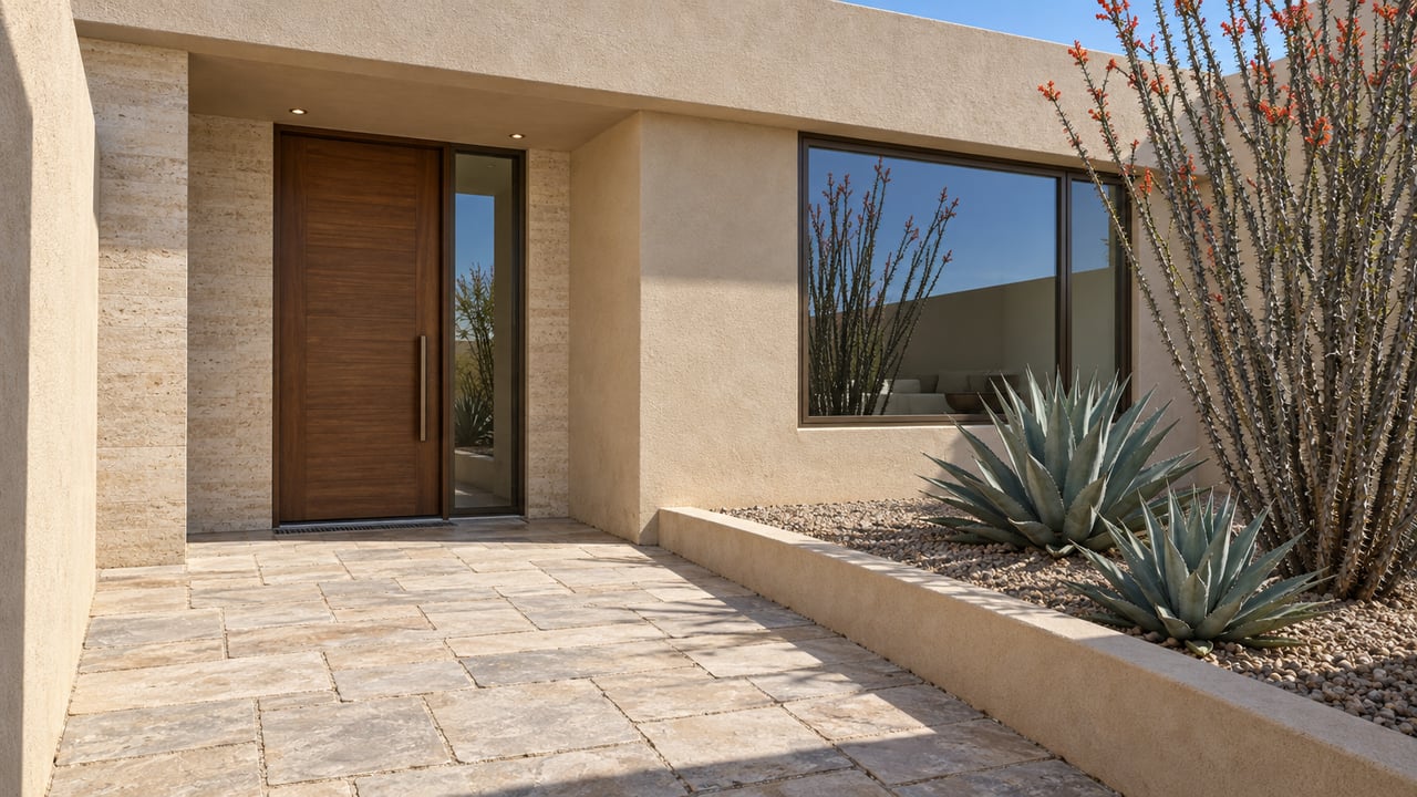 Sand-stucco home with a recessed timber door, stone entry court, and desert plants.