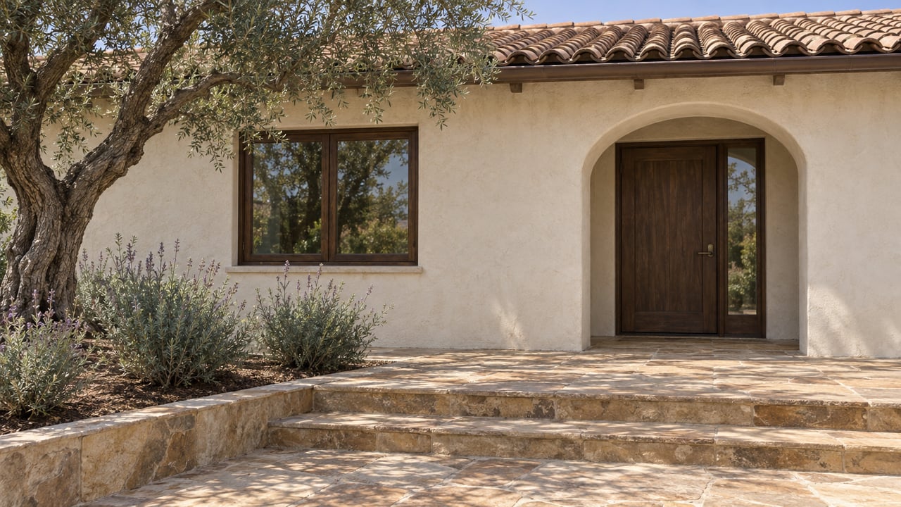 Cream stucco home with a clay tile roof, recessed oak entry and sandstone approach beside a mature olive tree.