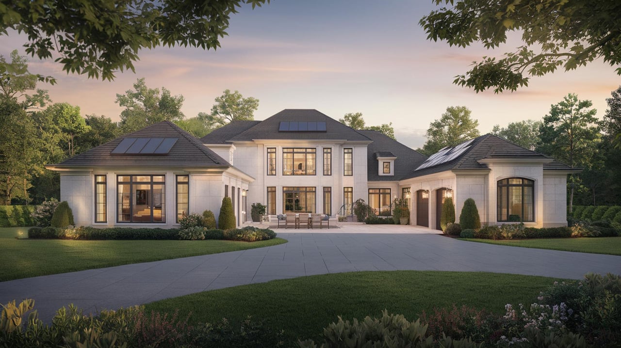 Large two-story home with a central entrance, flanking wings, and a curved driveway at dusk.