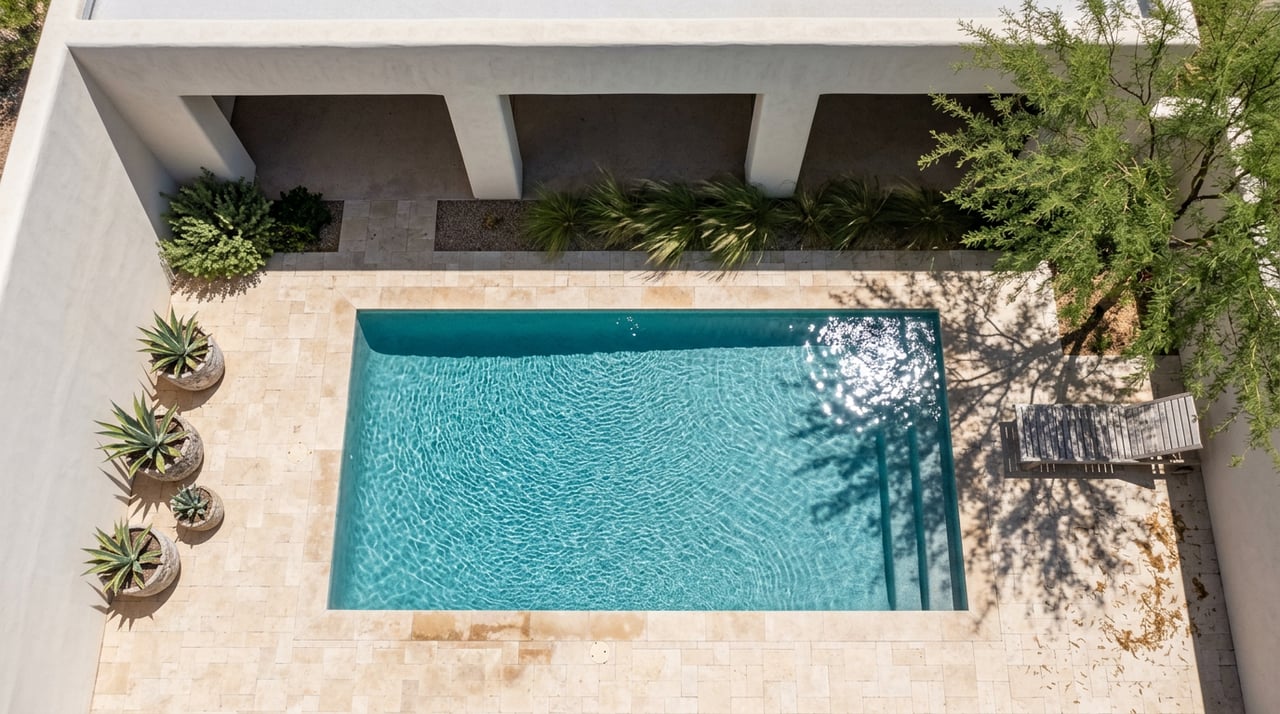 Turquoise courtyard pool bordered by buff travertine, stucco arcade, potted agaves, and a mesquite tree’s dappled shadow.