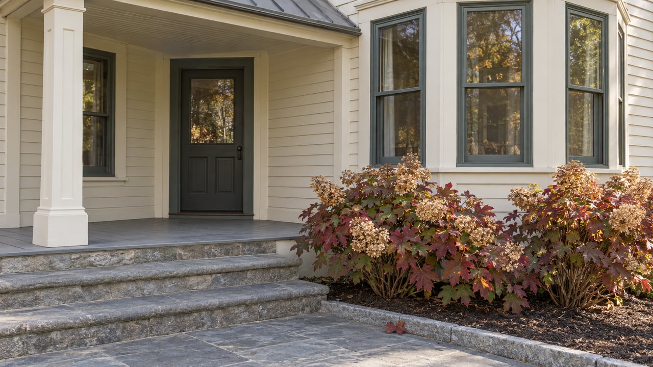 Autumn oakleaf hydrangeas beside a cream clapboard home's sage-trimmed bay window and worn stone porch steps.