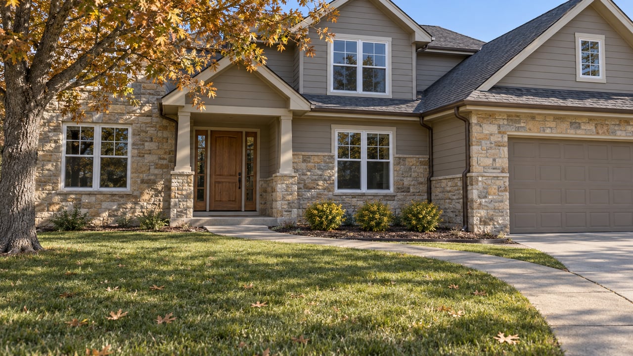 Autumn morning light on a gabled home with sandstone cladding, a curved front walk and a mature oak above a deep lawn.