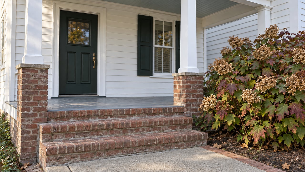 Sunlit white wood-sided home with a dark green door, worn brick steps and an oakleaf hydrangea beside the approach.