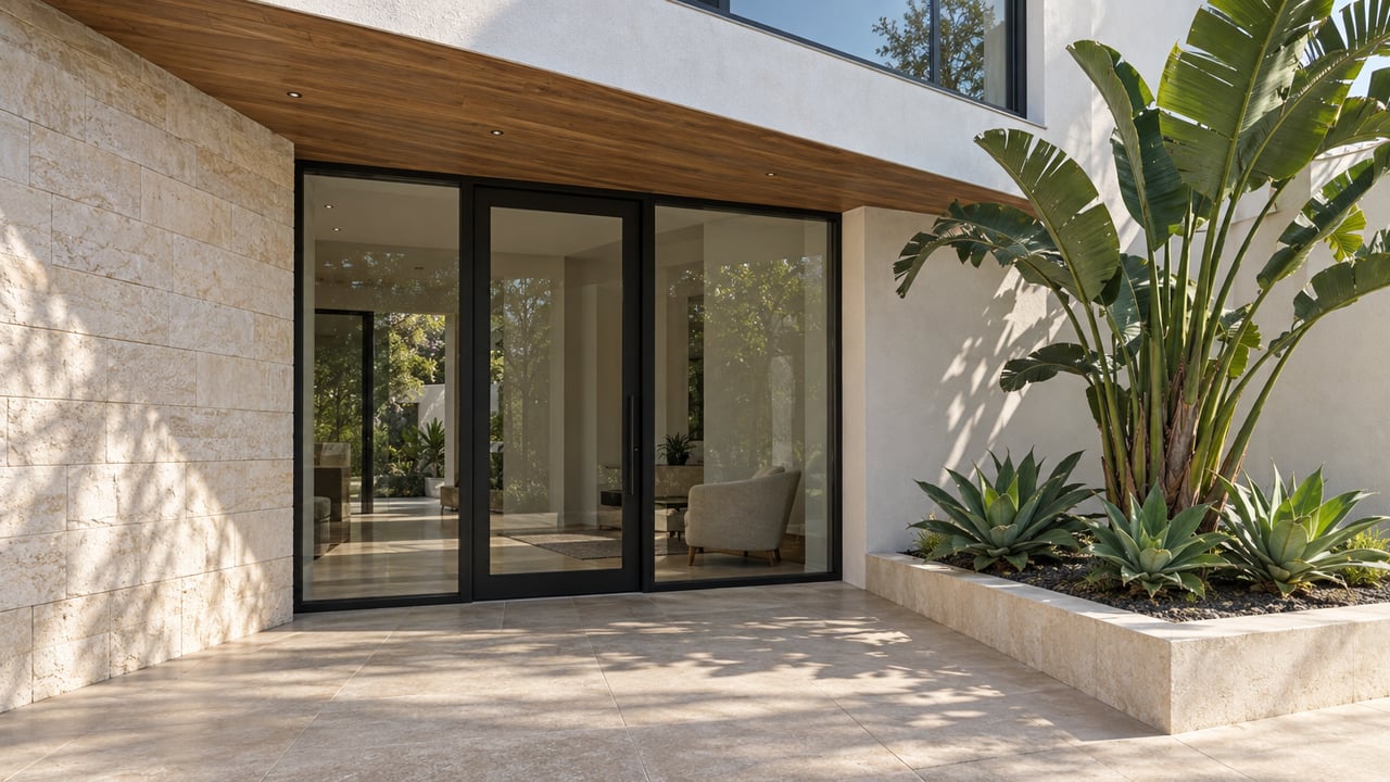 Modern home entrance with black-framed glass doors, a wood soffit, and tropical landscaping.