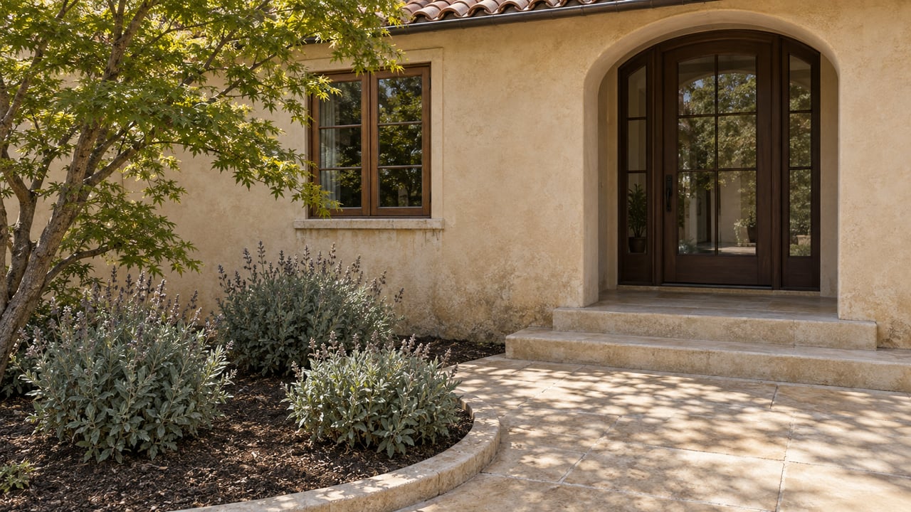 Sunlit stucco garden entry with an arched wood-and-glass door, worn stone steps, a Japanese maple and silver-green Cleveland sage.