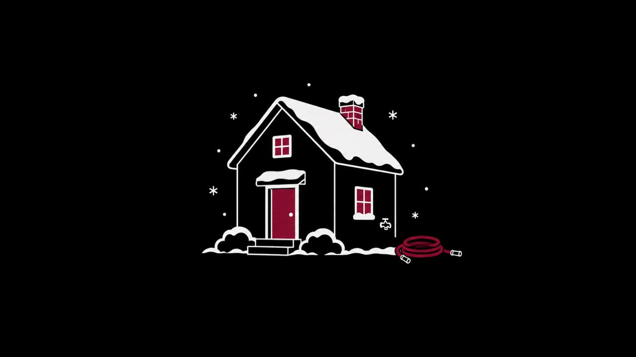 Illustration of a snow-covered house with the garden hose taken off and coiled beside the outdoor faucet, for five winter home myths to drop before the first freeze in Will County, Illinois.