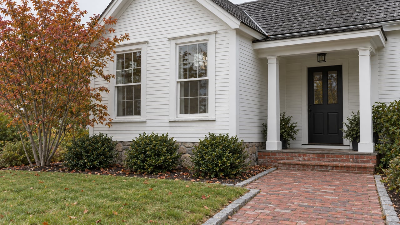 White-clapboard house with a projecting bay, recessed black door, brick walk, and russet serviceberry tree.