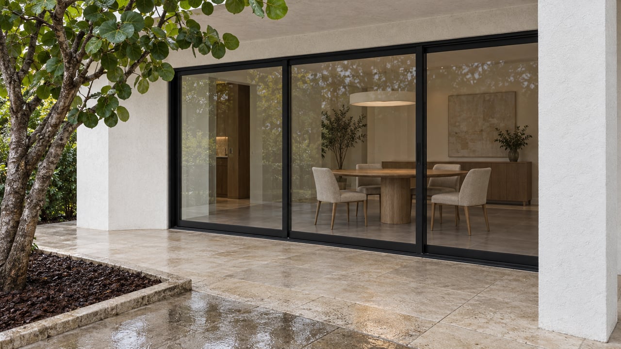 Covered limestone terrace beside black-framed glass doors enclosing an oak dining table, with a sculptural sea grape tree in a curbed planting bed.