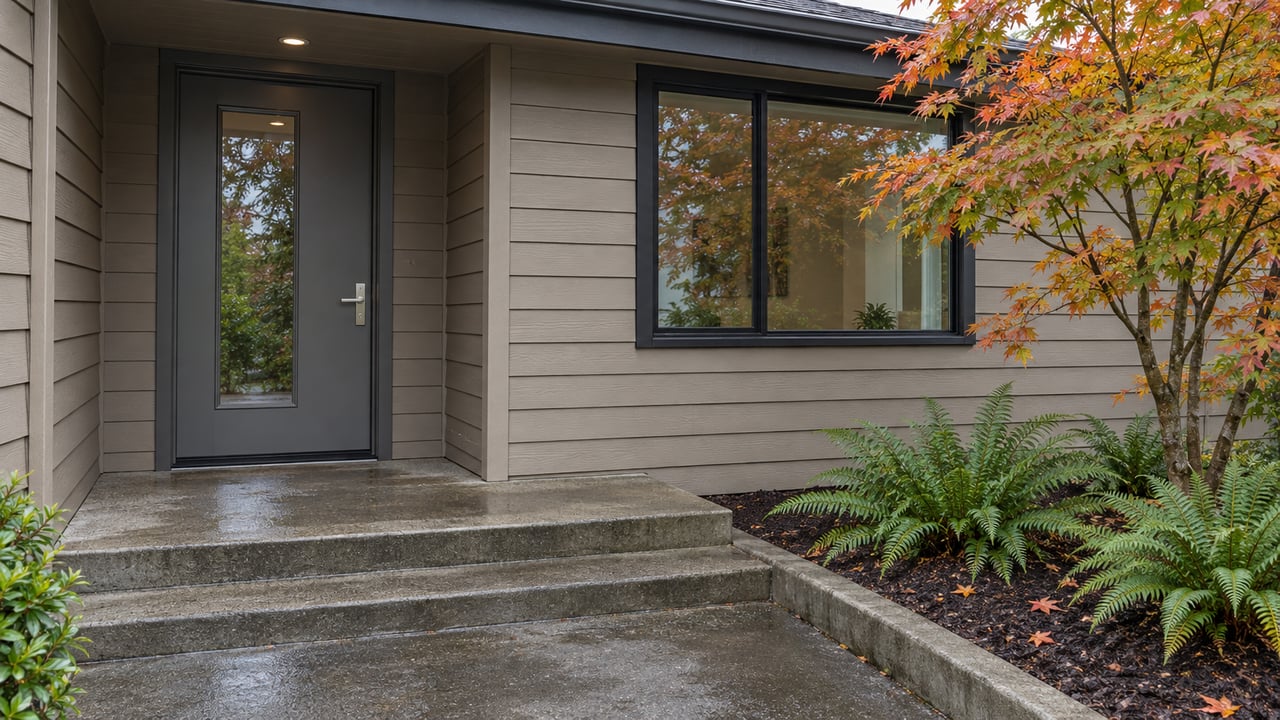Rain-damp concrete steps lead to a covered taupe-sided home entrance beside a black-framed window and an autumn vine maple.