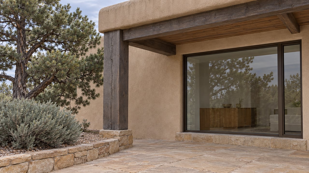 Clay-colored stucco home with a timber portal, bronze-framed glass, and a sandstone terrace beside a pinyon pine and sagebrush.