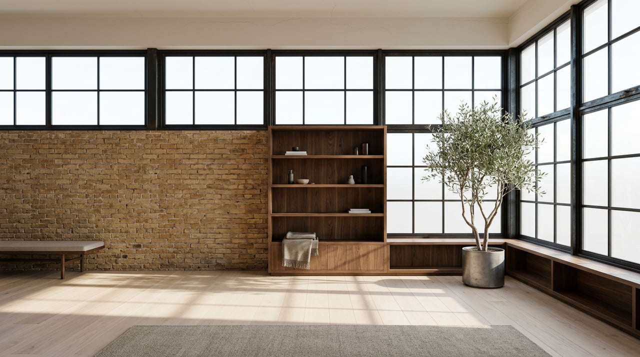 Loft interior with black steel factory windows, an exposed brick wall, walnut shelving, and an olive tree.