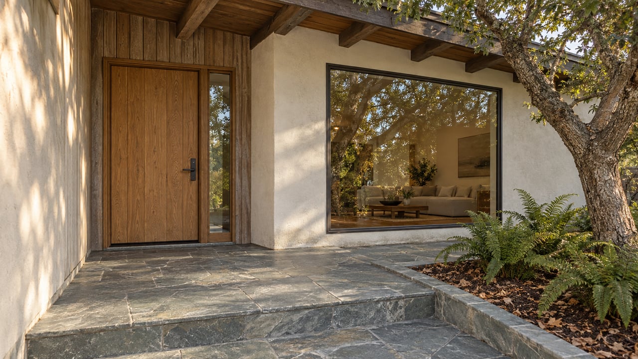 Warm afternoon light falls across a cedar-and-stucco home's slate entry landing beside a mature oak and sword ferns.