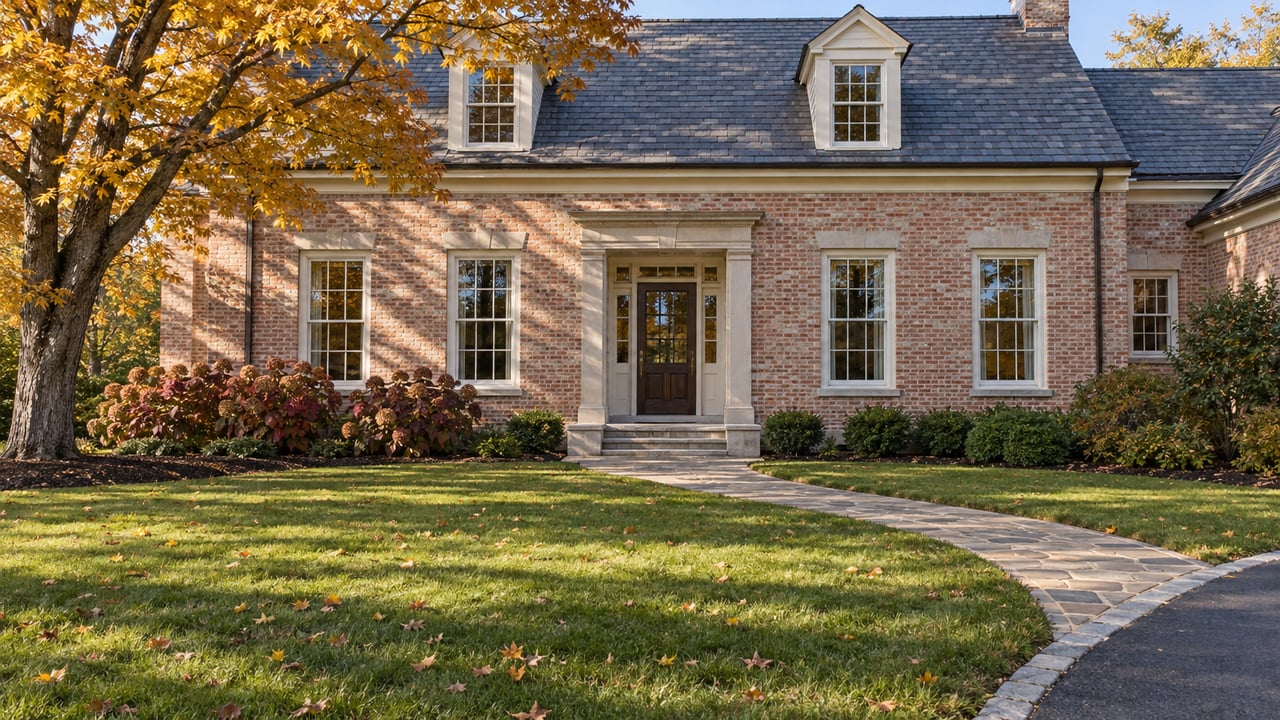 Pale red brick home behind a broad autumn lawn, with limestone entry steps, a curved flagstone walk and an amber sugar maple.