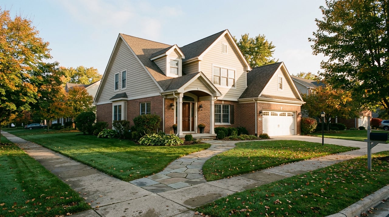 Two-story greige-sided home with brick entry columns, curved front walk, and orange-red maple tree.