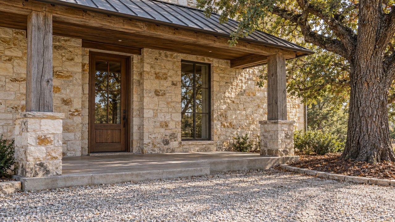 Limestone country-home porch with a timber door, charcoal metal roof and mature pecan tree beside a gravel approach.