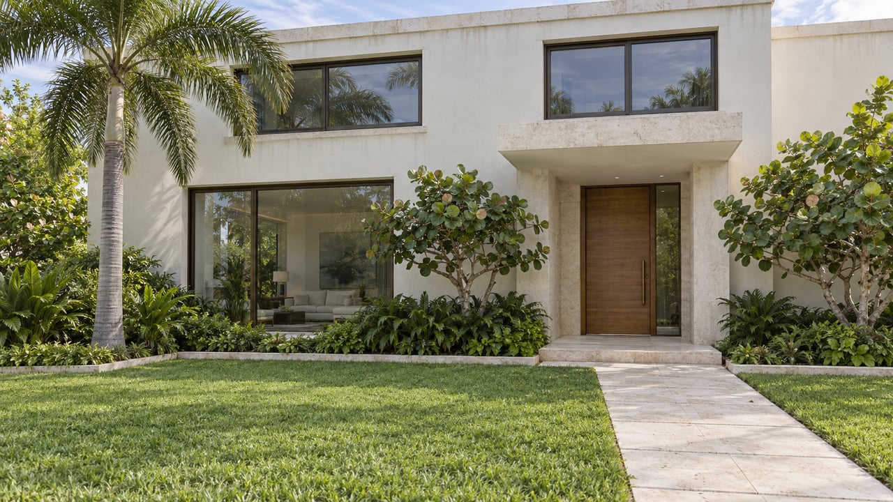 Contemporary off-white stucco home behind a deep lawn, with a limestone entry walk, bronze-framed windows and curated tropical planting.