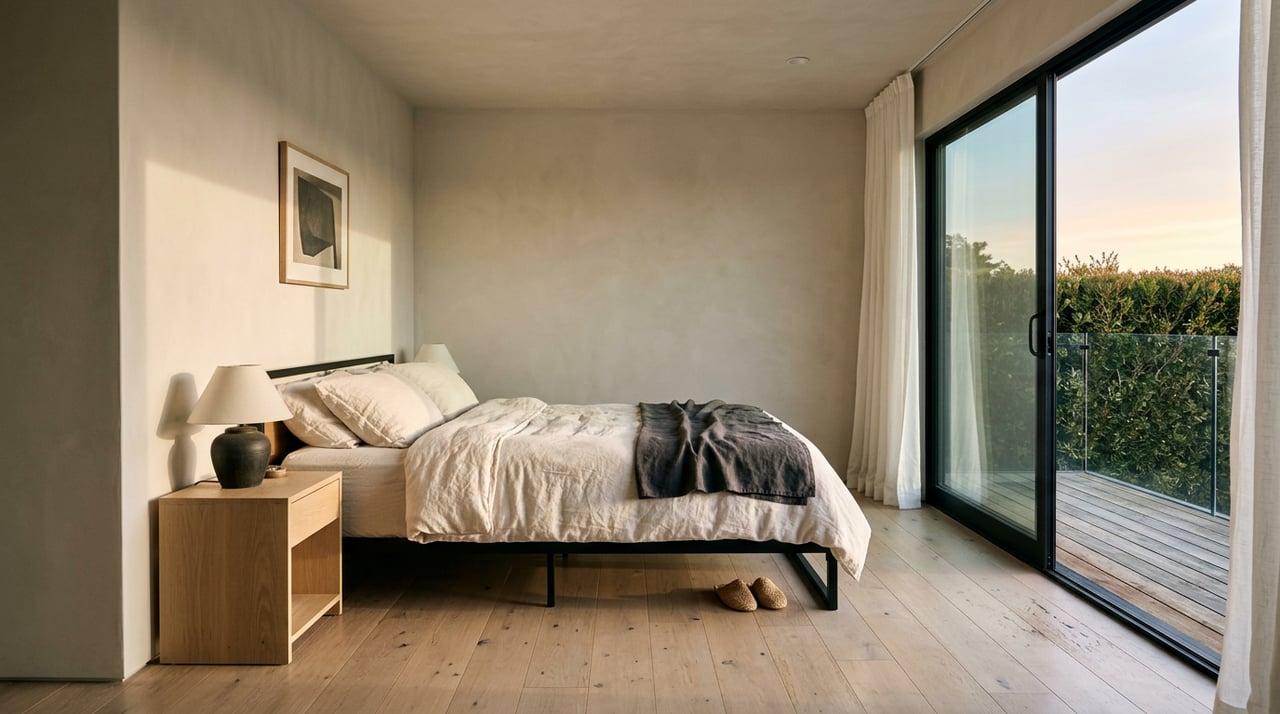 Bedroom with a black platform bed, off-white linens, and warm sunlight through glass doors.