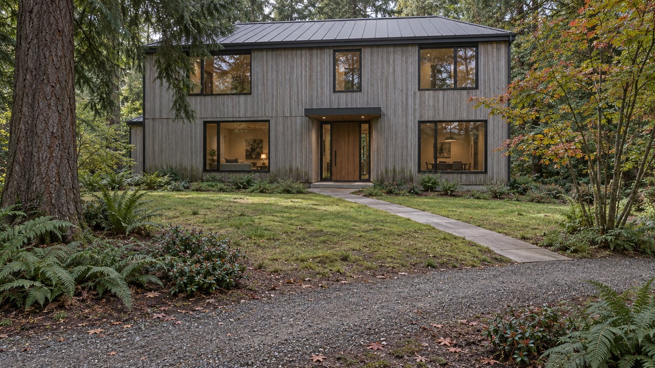 Two-story cedar-sided house beyond a curving woodland footpath and grassy clearing