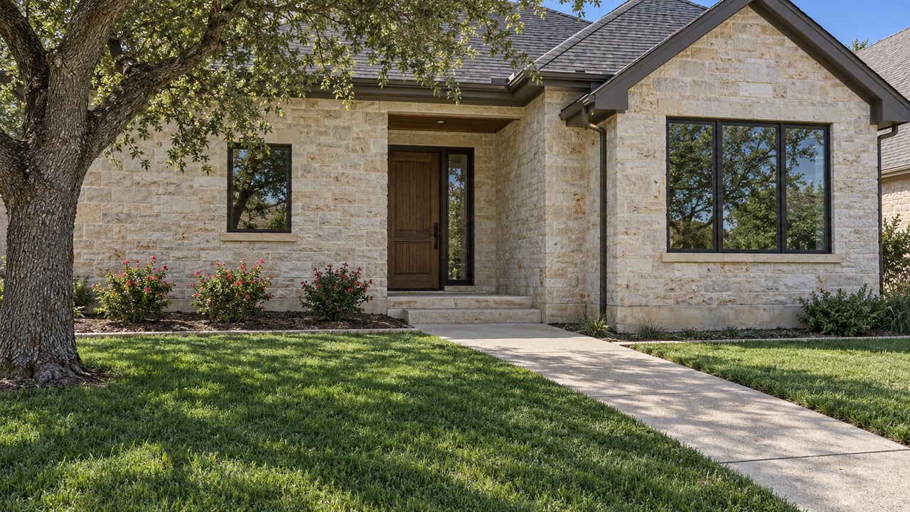 Limestone house with dark gabled roofs, black-framed windows and a recessed oak entry beyond a broad lawn and concrete walk.