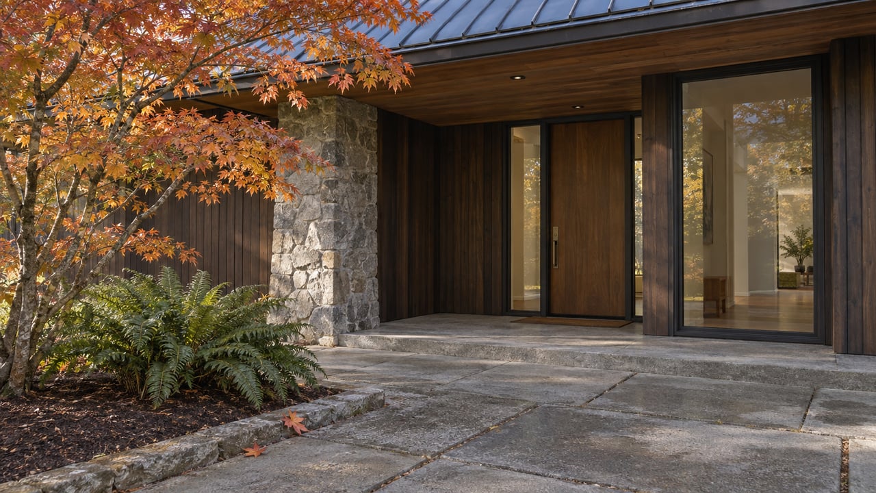 Cedar-sided home entry with a glazed wood door, fieldstone pier, and amber vine maple beside the paver approach.