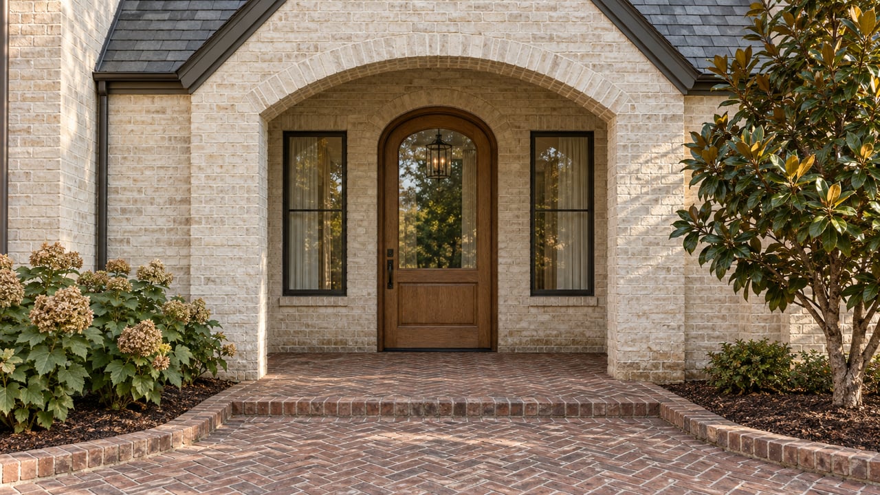 Ivory limewashed brick home with an arched oak entry door, herringbone brick approach and magnolia planting.