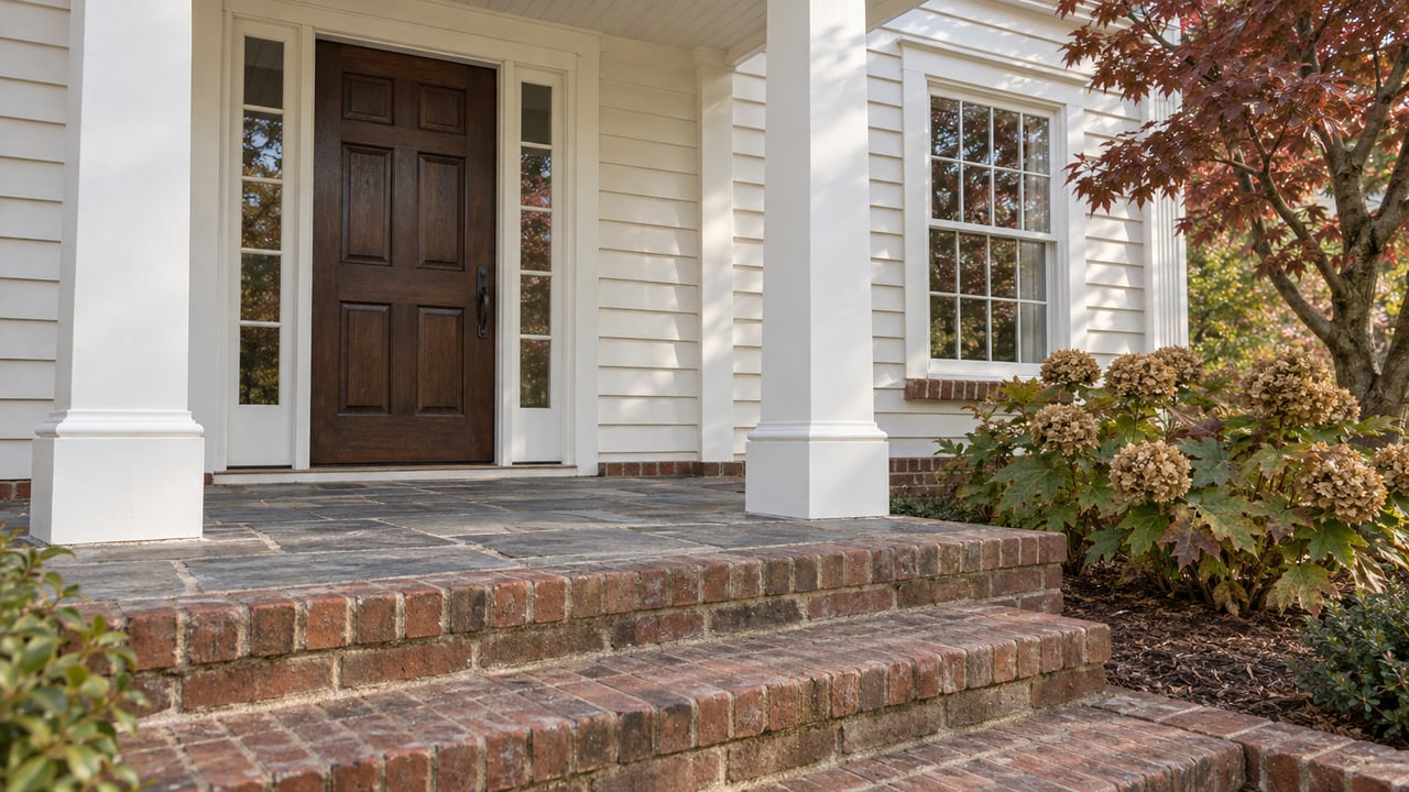 An ivory clapboard home's oak front door and slate porch above worn brick steps, beside autumn dogwood and oakleaf hydrangeas.