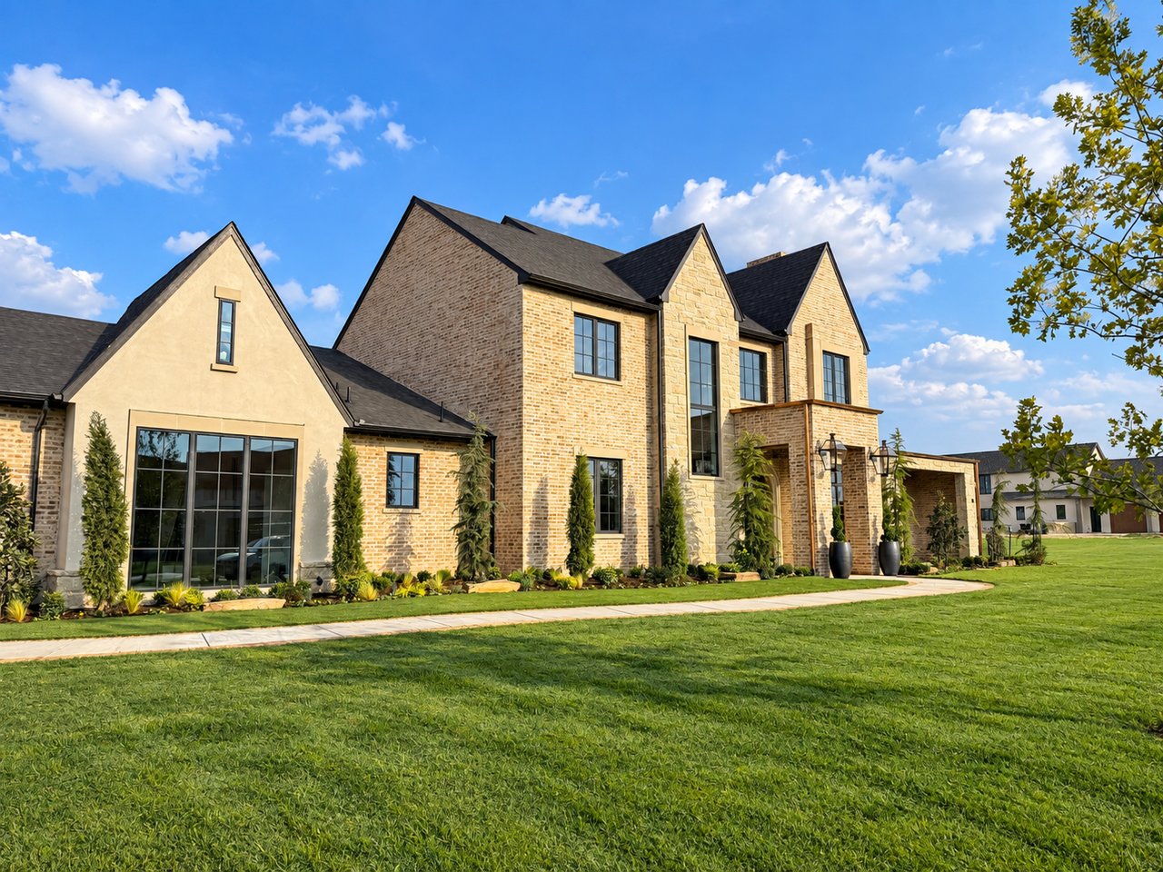 Large two-story tan brick and stone home with steep gables, tall windows, and a landscaped lawn.