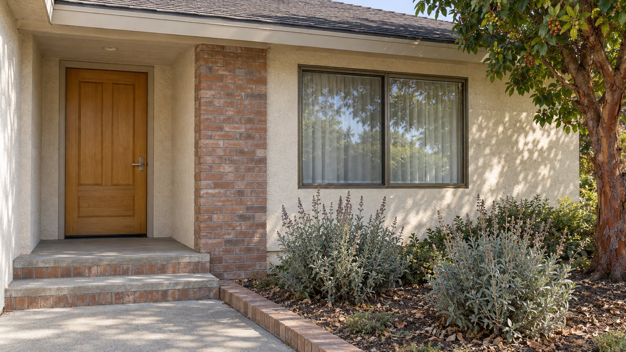 Close view of a single-story home's wood entry door, brick steps and bronze-framed window in warm daylight, beside a strawberry tree and Cleveland sage.