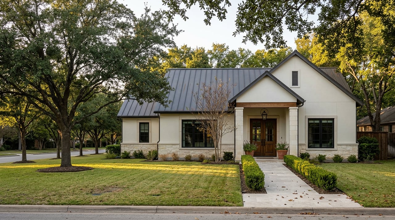Limestone-and-stucco home with a covered entry, broad lawn, clipped hedge, and mature live oaks.