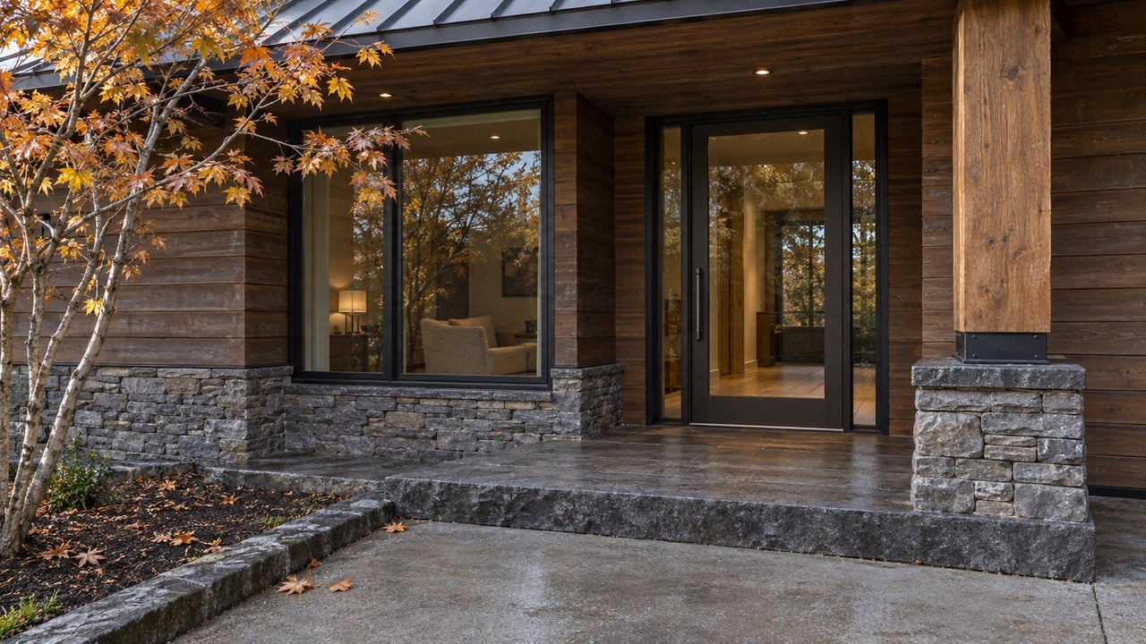 A timber-and-stone home entrance with bronze-framed glass, a basalt step and sparse autumn maple leaves.