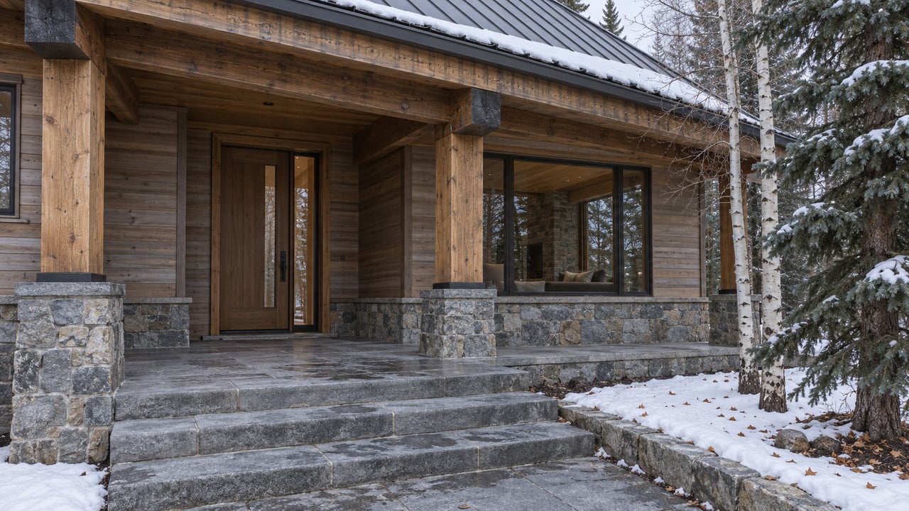 Timber-clad home with a sheltered wood entry, gray stone steps and light snow beneath spruce and bare birch trees.
