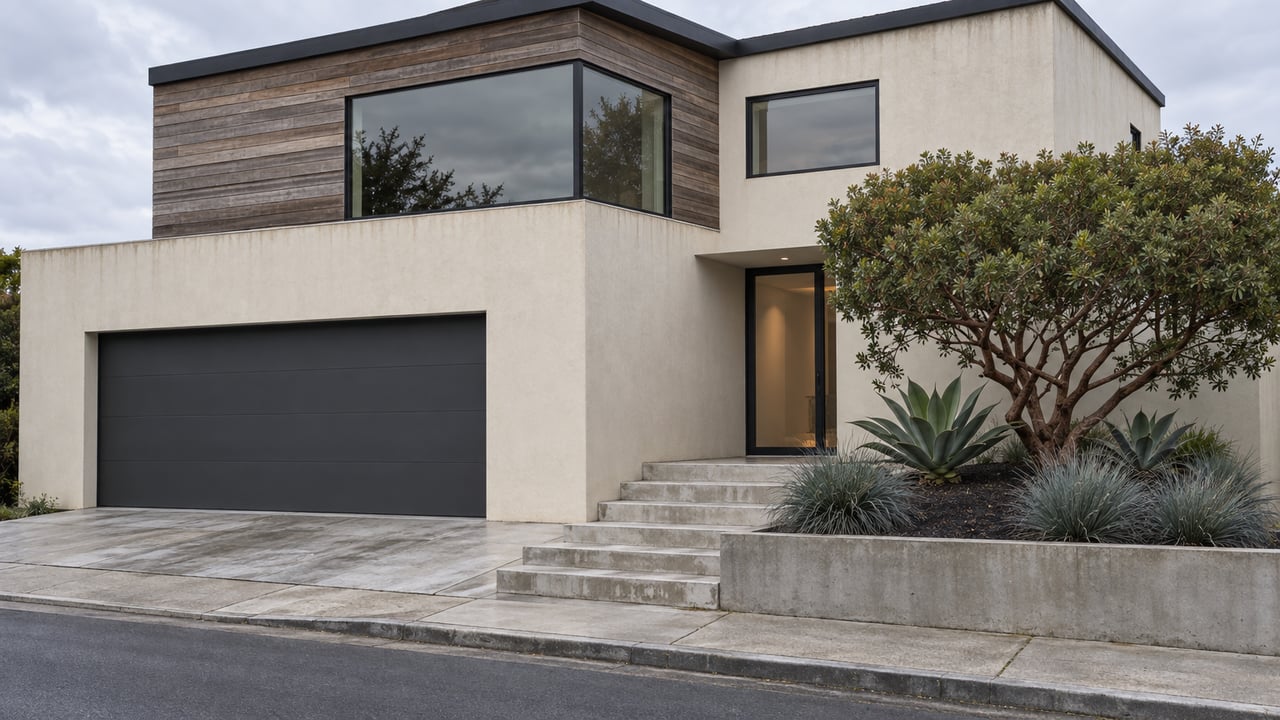 Renovated two-story house with ivory stucco, cedar siding, charcoal garage, corner windows, and sculptural drought-tolerant plants.