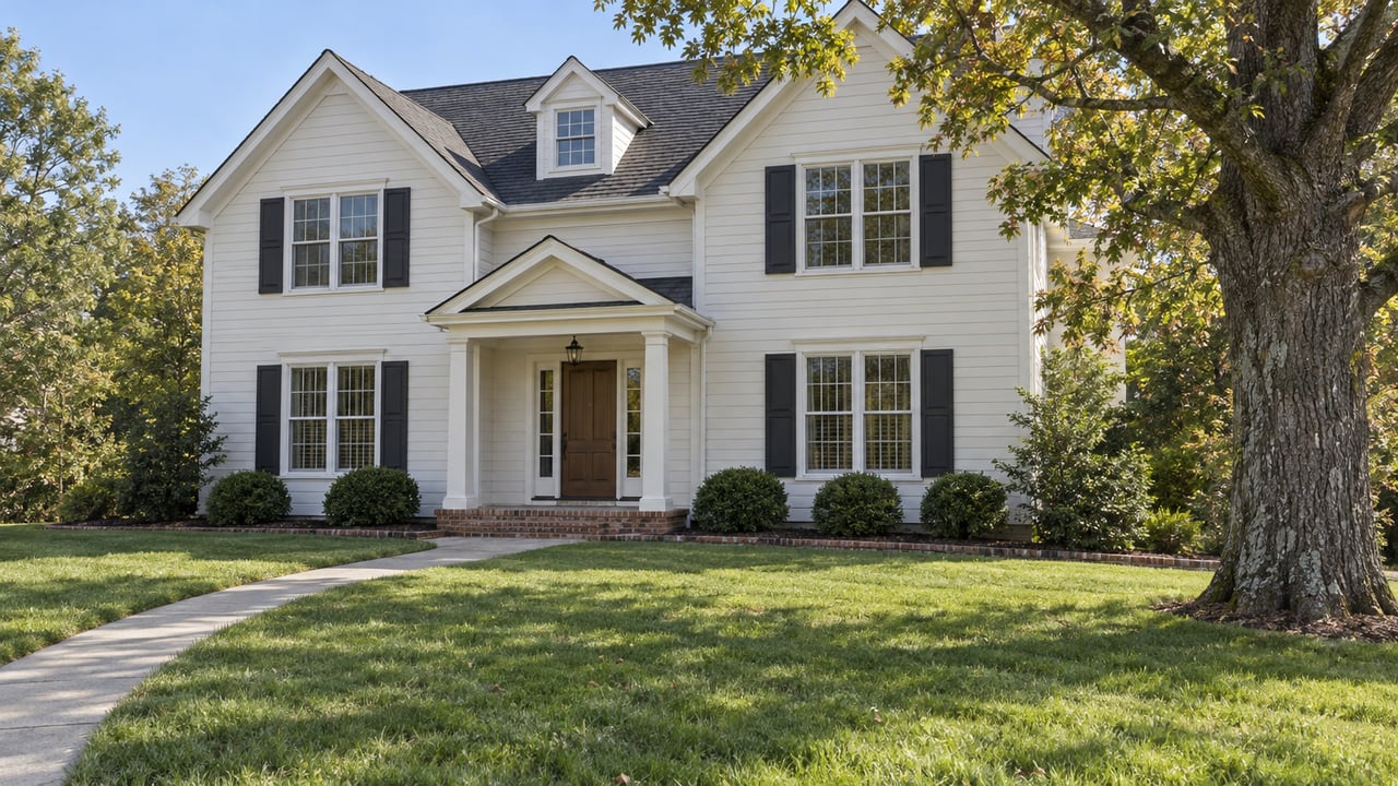 White gabled home with dark shutters, a covered brick entry, broad lawn and a mature oak beside the front approach.