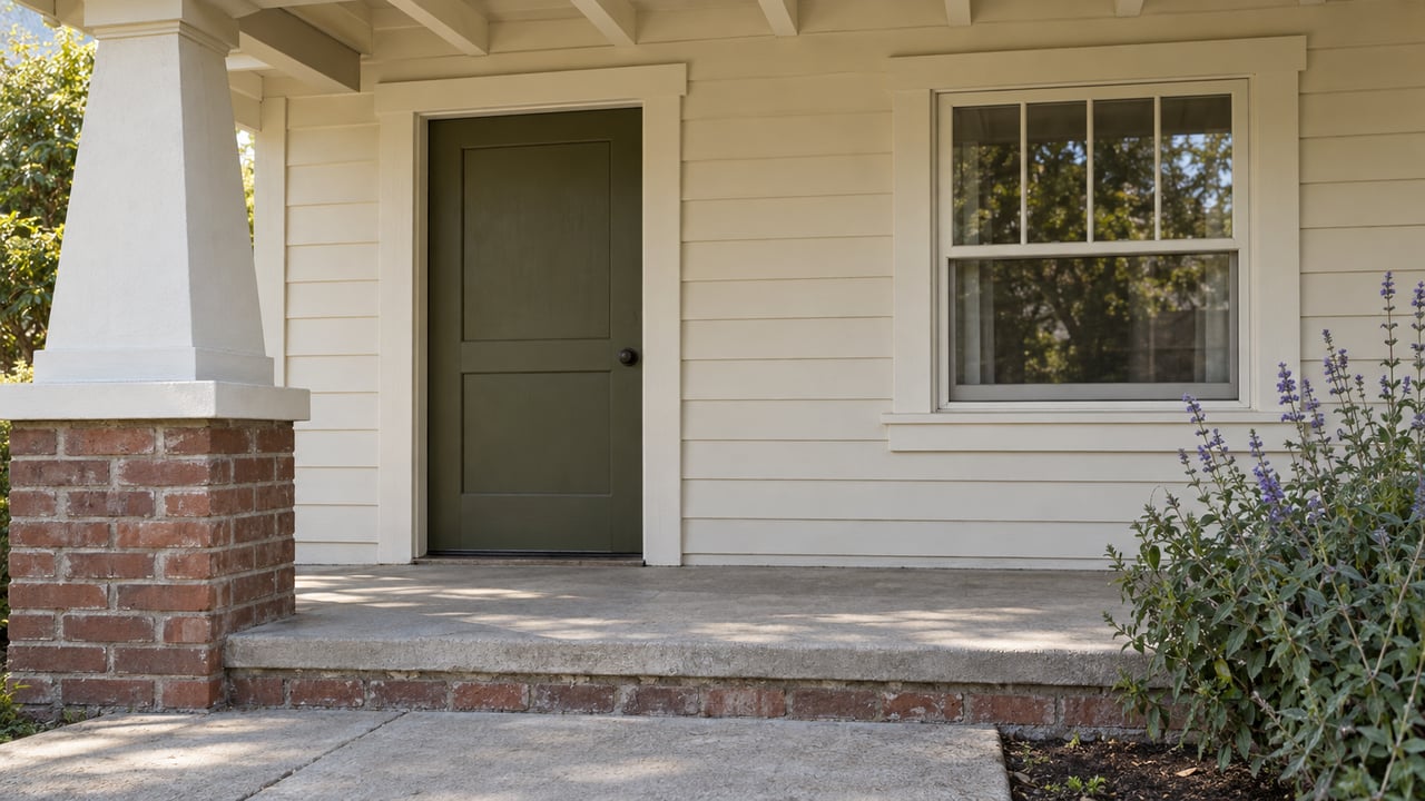 Bungalow entry with an olive door, divided-lite window, tapered porch pier, and concrete step.