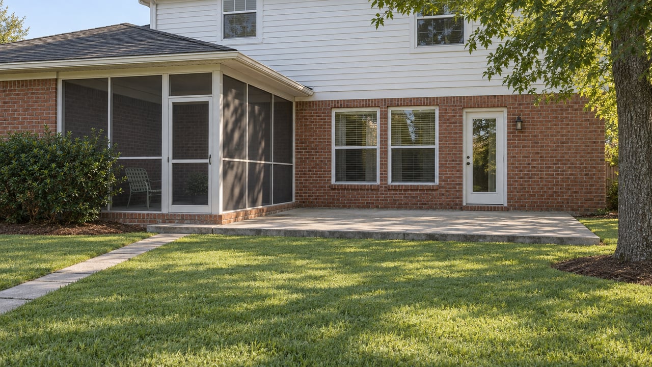 Two-story brick-and-siding house behind a broad lawn, with a screened porch and concrete patio.