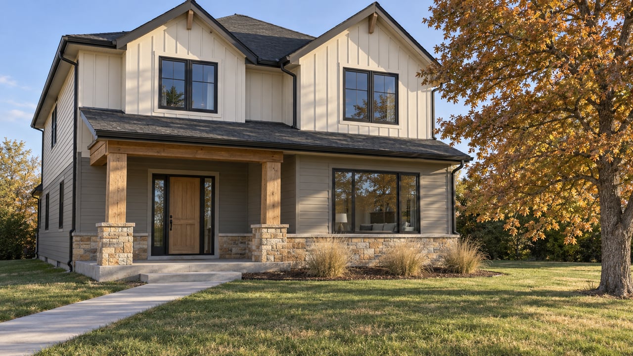 Detached two-story home with ivory siding, sandstone porch, timber posts and a broad autumn lawn in warm afternoon light.