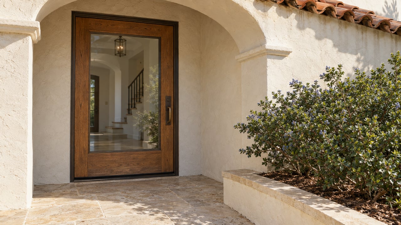 Sunlit cream stucco entry with a recessed glazed oak door, clay tile roof edge, limestone landing, and a native shrub in a raised masonry planter.