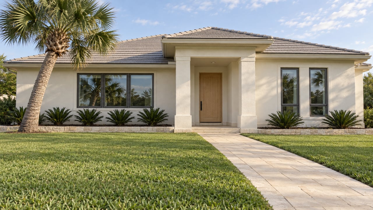 Cream stucco home with dark-framed windows, a recessed oak entry, a broad front lawn and one mature palm.