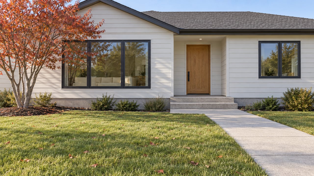 An off-white house with charcoal windows, an oak front door, a broad autumn lawn, and a copper-leaved serviceberry tree.
